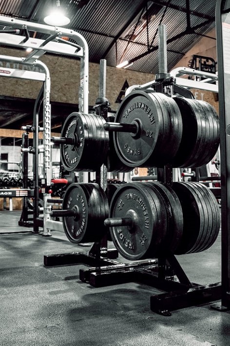 Weight plates stacked on a stand